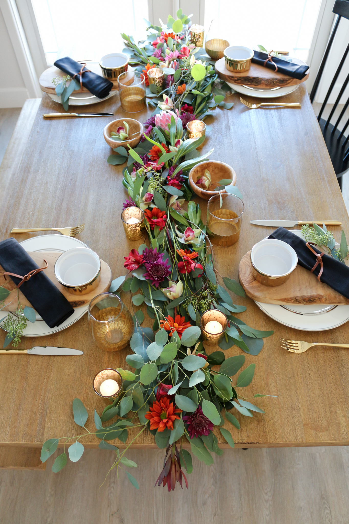 Silver Dollar Eucalyptus Table Garland with Wood Flowers and