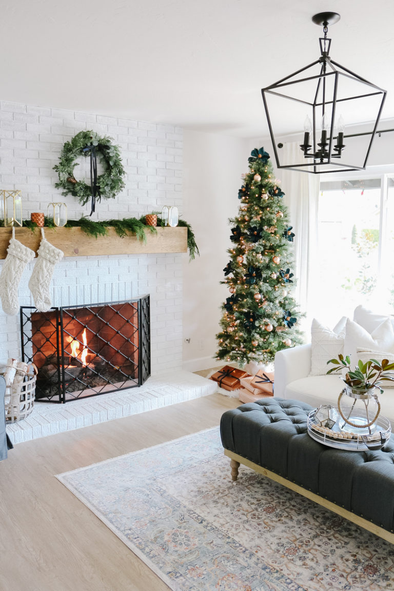 Modern Farmhouse Christmas Living Room with Navy + Copper + Rose Gold