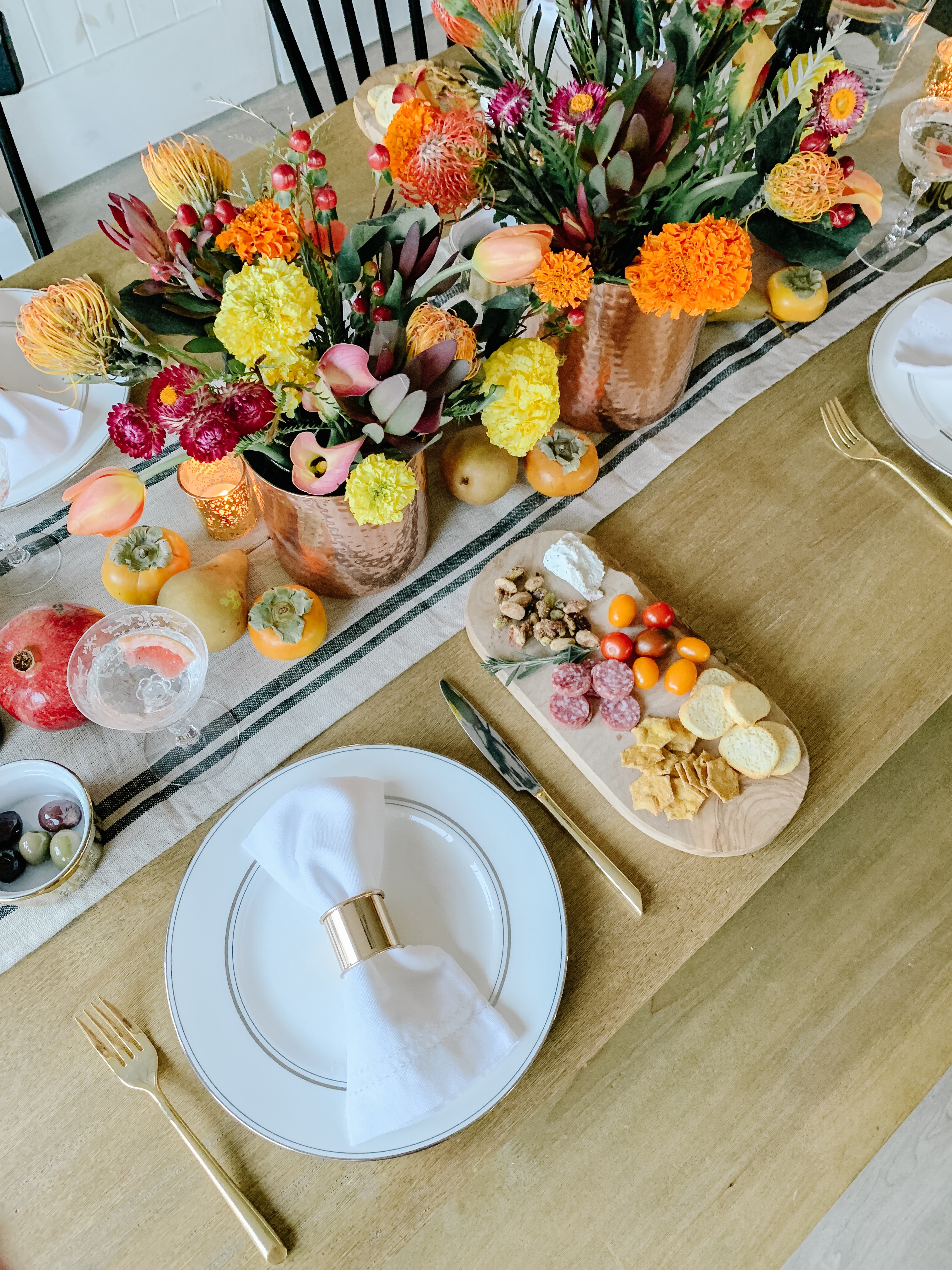 Warm + Colorful Thanksgiving Tablescape: Marigolds, Persimmons