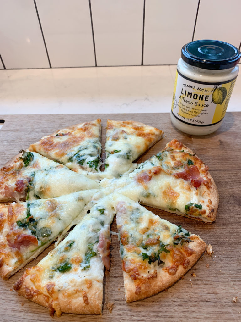 Trader Joe’s Limone Alfredo Homemade Pizza with Arugula + Prosciutto